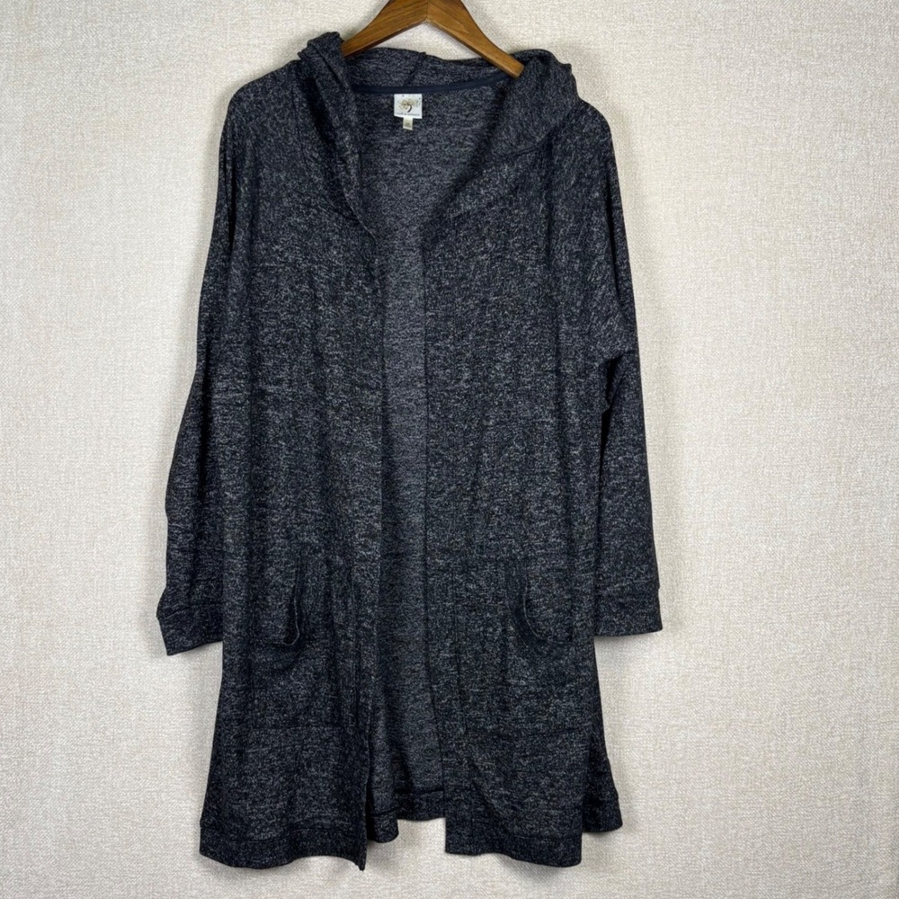 Self Esteem Women 1X Charcoal Gray Marl Open Front Cardigan Sweater Pocket Hood